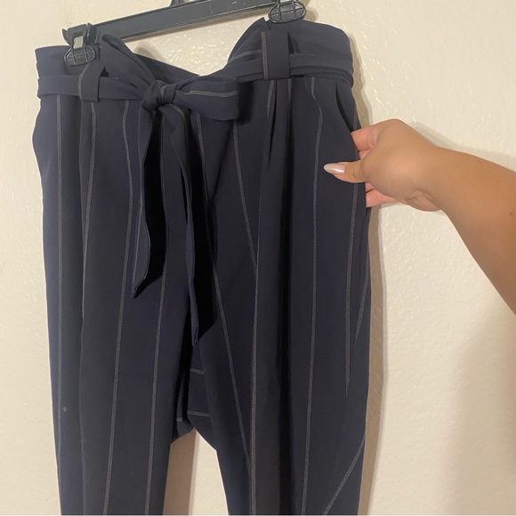Express Navy Stripe Paper Bag Style Tie Waist Pant with Pockets - Picture 6 of 11